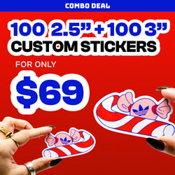 Promotional graphic advertising a combo deal of 100 custom 2.5-inch stickers and 100 custom 3-inch stickers for $69. Bold white and blue text appears on a red background. Two hands hold colorful candy-themed stickers with red and white stripes and a cartoon candy character, highlighting sticker size variety, vibrant printing, and bulk custom sticker pricing.