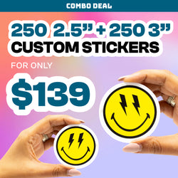 Promotional graphic advertising a combo sticker deal. Text reads as COMBO DEAL at the top, followed by 250 2.5-inch plus 250 3-inch CUSTOM STICKERS. Text reads as FOR ONLY $139. Bold white and teal lettering appears over a pink, purple, and blue gradient background. Two hands hold round yellow smiley-face stickers with black lightning bolt eyes, highlighting vibrant colors and clean die-cut edges.