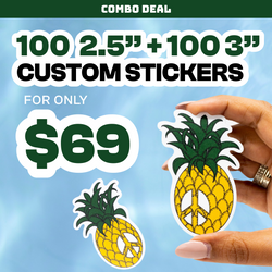Promotional graphic for combo deal on custom stickers with a hand holding a pineapple peace sign sticker.