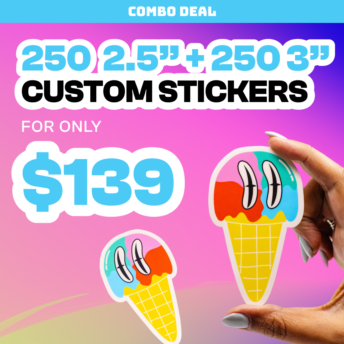 Promotional graphic for combo deal on custom stickers with ice cream cone design.
