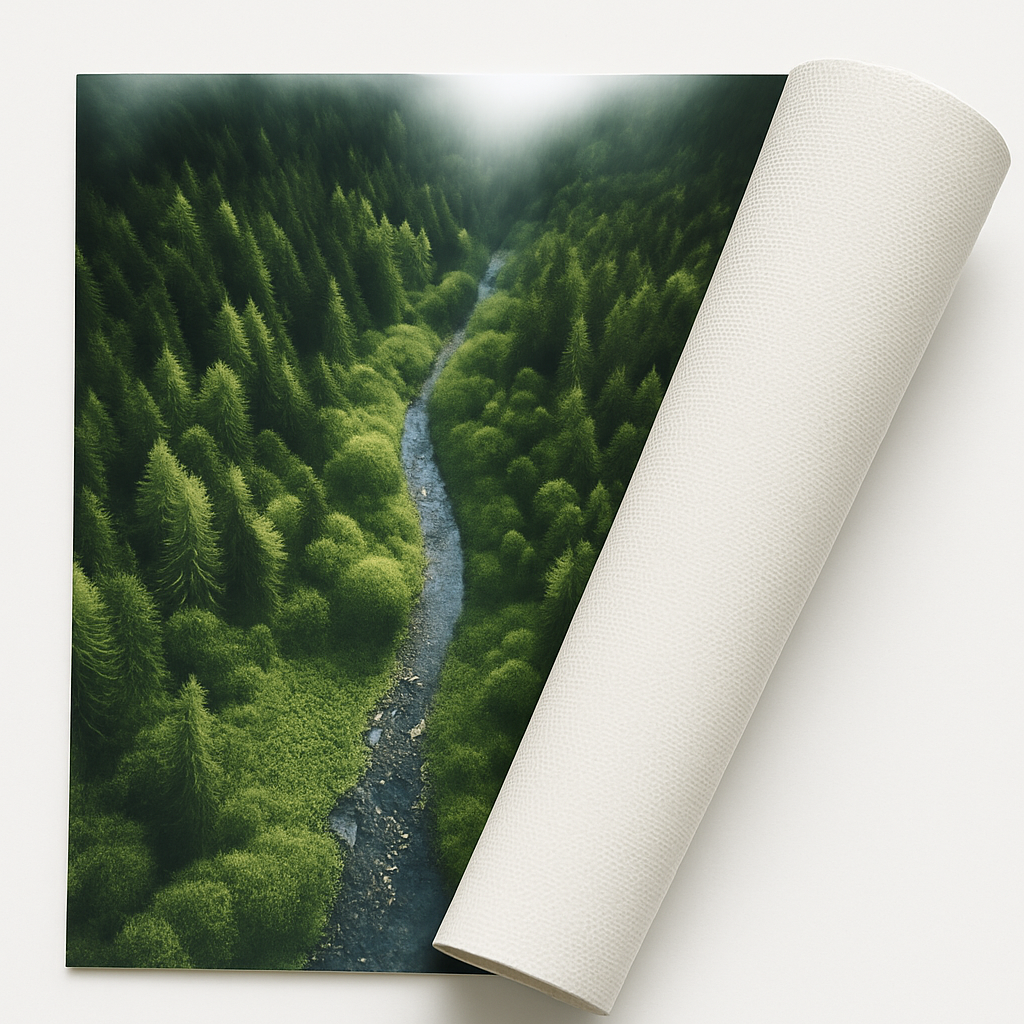 A rolled canvas print with photographic image of a green valley with evergreen and deciduous trees with river running through it