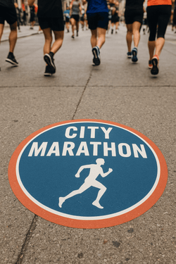 City Marathon sidewalk decal with text. 'City Marathon' and icon sillhouete of runner in white red and blue. Sticker adheres to textured street paved concrete surface with runners in the background