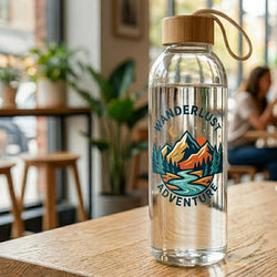 Clear reusable water bottle displayed on a wooden table in a café setting, featuring a custom clear sticker with a mountain landscape illustration and readable text that says Wanderlust Adventure. The transparent sticker material allows the bottle surface to remain visible while highlighting vibrant full-color artwork and crisp details.