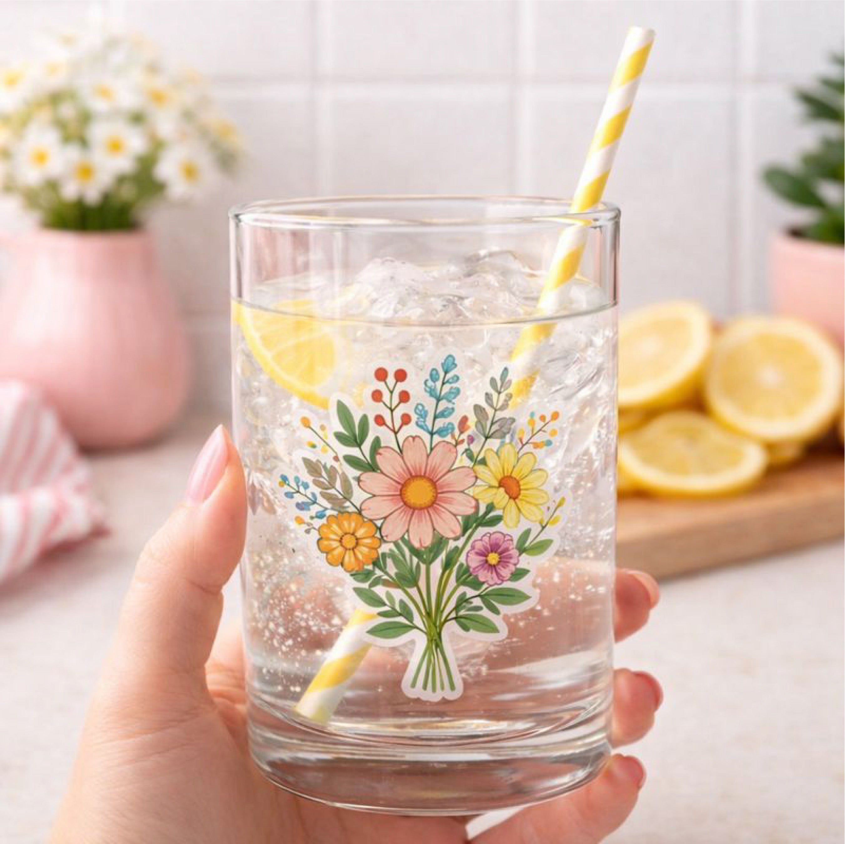 Hand holding a clear drinking glass filled with sparkling water, ice, lemon slices, and a striped paper straw. A custom clear sticker featuring a colorful bouquet of flowers is applied to the glass, allowing the transparent material to blend seamlessly with the surface. Soft kitchen background includes fresh lemons and flowers, showcasing the clean look of clear stickers on glassware.