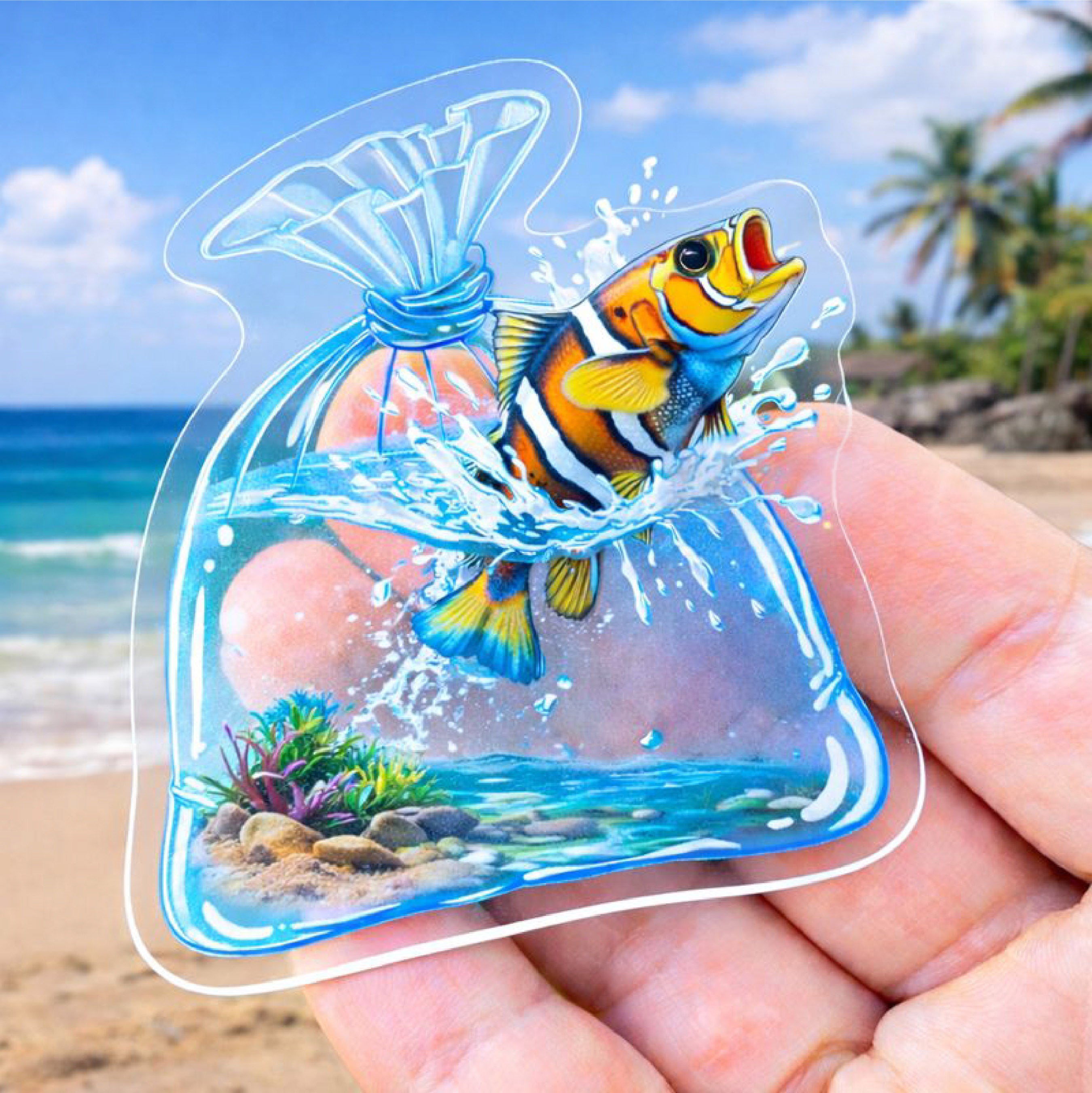 Hand holding a custom clear sticker featuring a colorful tropical fish splashing from a water-filled bag, with underwater plants, rocks, and transparent details that blend into the background. The clear sticker material allows the beach scene behind it to remain visible, showcasing vibrant full-color printing, crisp die-cut edges, and the seamless look of custom clear vinyl stickers.