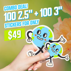 Hand holding two die-cut cartoon Earth characters illustrated in a playful, retro animation style with expressive eyes, blushing cheeks, long arms, and sneakers. Background features soft floral bokeh for a cheerful, eco-themed aesthetic. On-image text reads Combo Deal 100 2.5 inch + 100 3 inch stickers for 49. Keywords: Earth character sticker, eco cartoon decal, cute planet vinyl sticker.