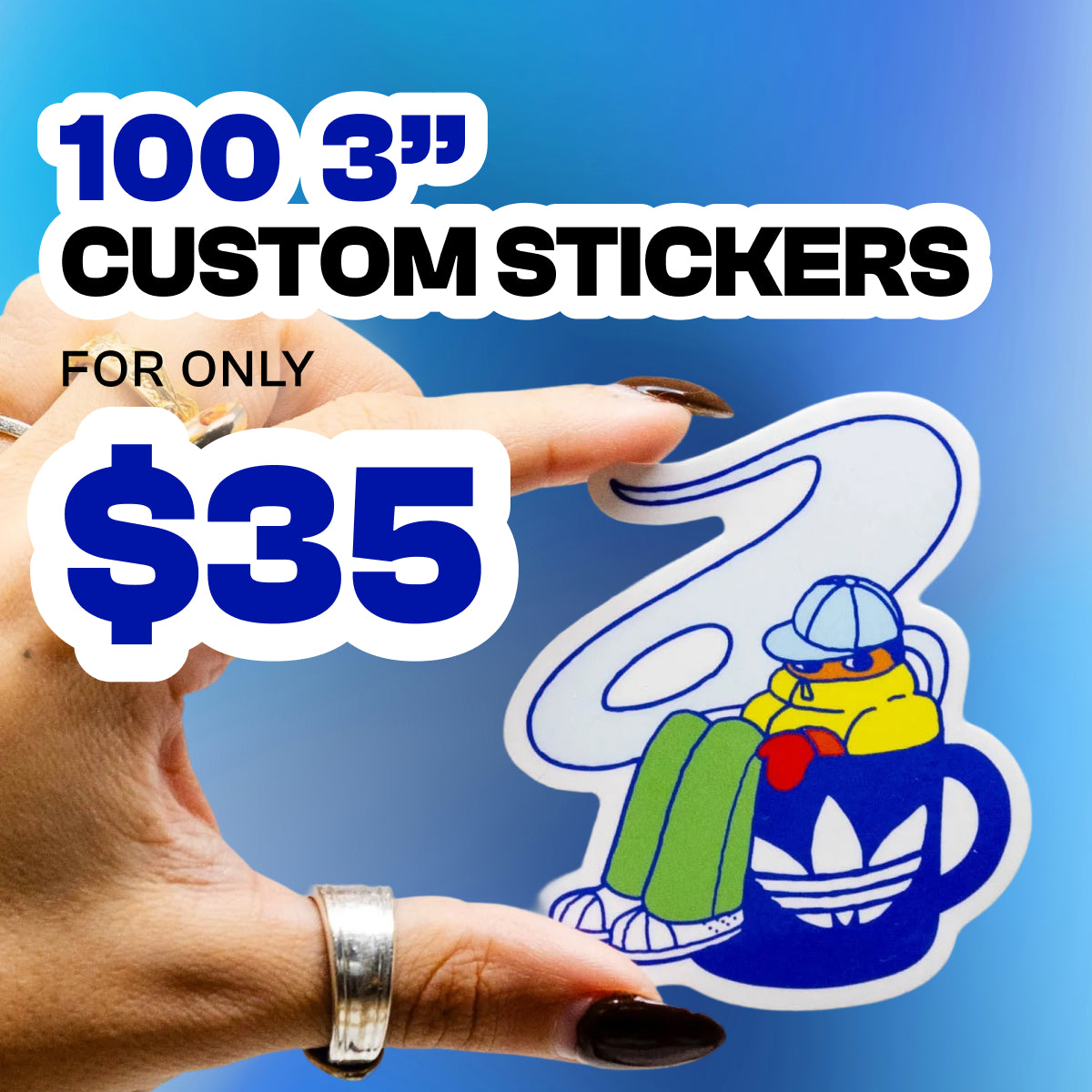Promotional graphic advertising a custom sticker offer. Text reads as 100 3-inch CUSTOM STICKERS followed by FOR ONLY $35. Bold white and blue text appears over a blue gradient background. A hand holds a die-cut cartoon sticker featuring a seated character wearing a hat and hoodie, resting on a large mug with a trefoil-style logo, showcasing vibrant colors, smooth vinyl finish, and custom sticker quality.