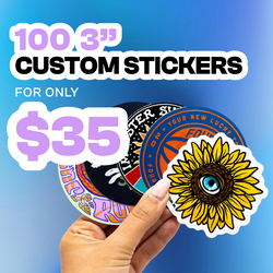 Promotional graphic for custom stickers with a hand holding a sunflower sticker against a blue gradient background. Hand holding vinyl stickers 3.0