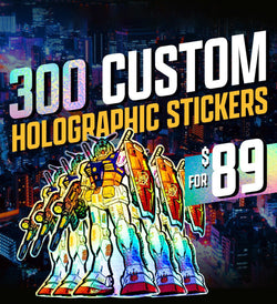 Promotional image showing a lineup of holographic robot stickers in front of a glowing cityscape at night. Text reads 300 custom holographic stickers for 89 dollars.