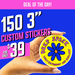 Hand holding a bright round sticker with a blue flower illustration and the words Deep Space Contemporary Art Gallery around the border in playful lettering. Vibrant blue and pink promotional background with text saying 150 3 inch custom stickers for $39. Great for art stickers, gallery merch stickers, and aesthetic flower sticker searches.