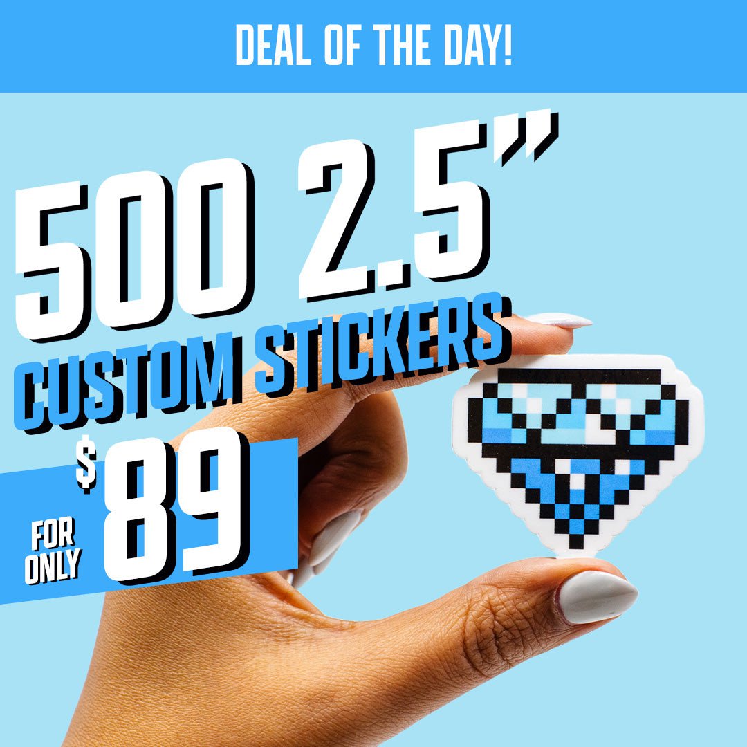 500 2.5" Custom Vinyl Stickers for $89 Diamond hand blue 8 bit deal of the day