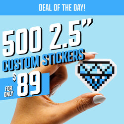 Deal of the Day promo showing a hand holding a 2.5 inch custom vinyl sticker featuring a blue pixel-art diamond on a light blue background. Bold text reads 500 2.5