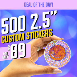 Deal of the Day promo for 500 custom 2.5 inch stickers for $89. A hand holds a round vinyl sticker featuring a curled pangolin illustrated in warm orange and purple tones with groovy retro lettering reading Just Rollin’ around the border. Set against a soft blue bokeh background, highlighting vibrant waterproof die cut decals.