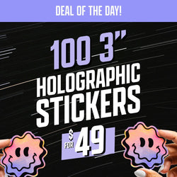 A hand holds a stack of rainbow holographic melting smiley-face stickers against a gradient blue and pink background. On-screen text reads 100 3 inch holographic stickers for $49 dollars.
