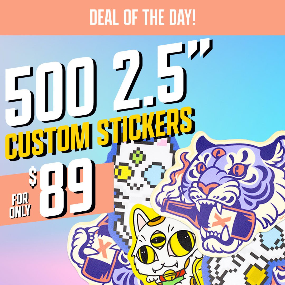 500 2.5" Custom Vinyl Stickers for $89 blue purple tiger cat