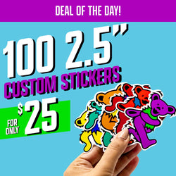 Hand holding a fan of colorful dancing bear die cut stickers in purple, red, orange, yellow, and green against a bright blue background. Bold promo text reads 100 2.5-inch custom stickers for only $25 and Deal of the Day. Vibrant aesthetic decals marketed as durable custom vinyl stickers ideal for creative use.