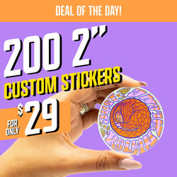 Promotional image showing a hand holding a circular vinyl sticker with an orange pangolin curled in the center, surrounded by stylized lettering that reads Just Rollin’. Sticker includes purple, orange, and yellow psychedelic detailing. Purple background. Promotional text reads 200 2 inch custom stickers for only $29.