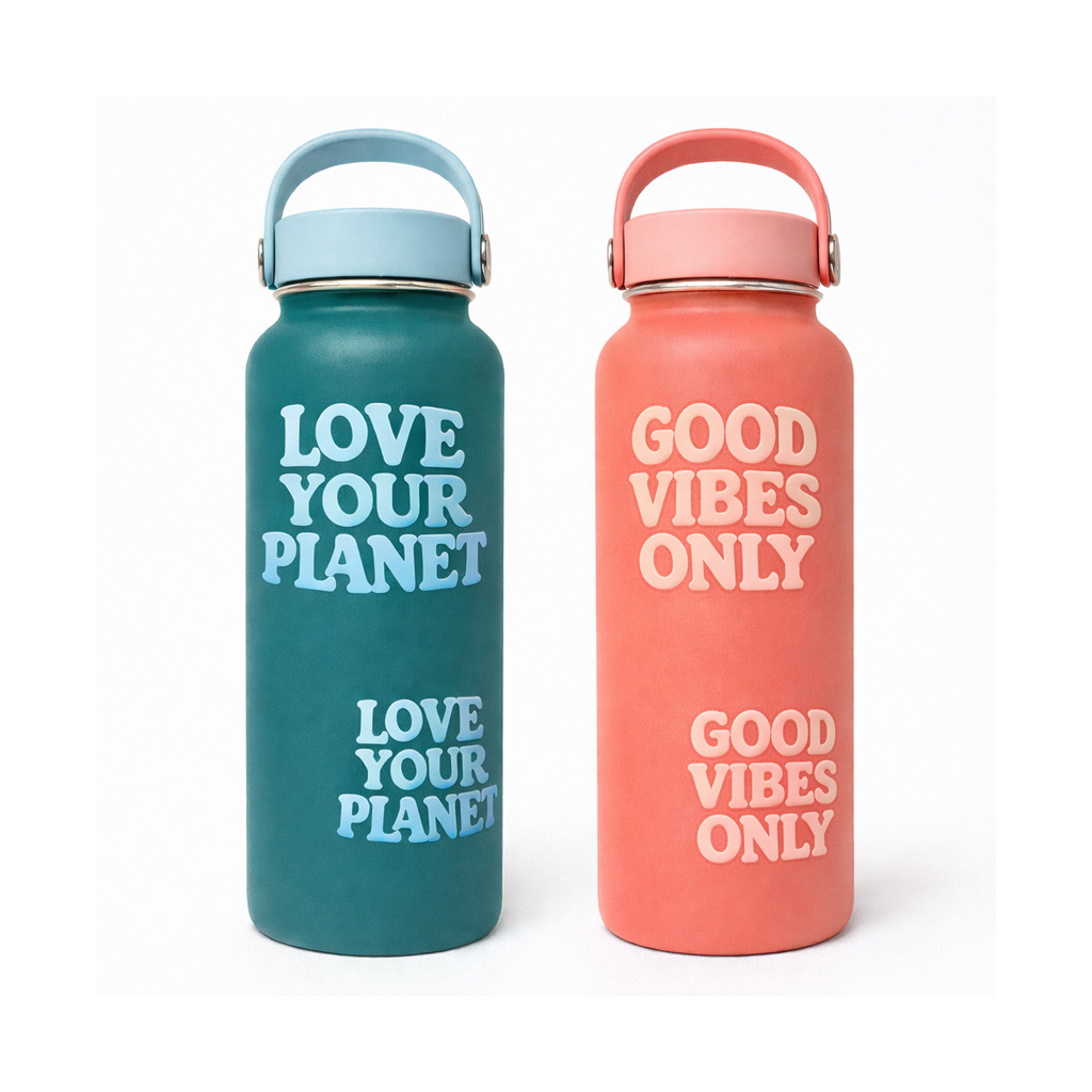 Two insulated metal water bottles displayed side by side on a light neutral background, each decorated with custom die cut transfer stickers. The left deep teal bottle with a light blue lid features retro style lettering reading Love Your Planet. The right coral pink bottle with matching lid displays cream text reading Good Vibes Only.