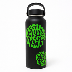 Black water bottle with green die cut vinyl transfer sticker text 'VERMONT GREEN' 