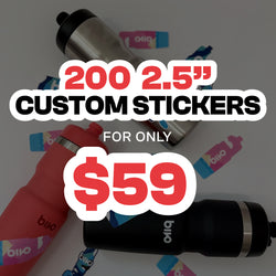 Promotional graphic advertising 200 2.5-inch custom stickers for only $59. The background shows reusable water bottles decorated with colorful custom die-cut stickers featuring the text 