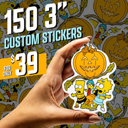 Hand holding a Halloween-themed vinyl sticker featuring Bart, Milhouse, and Lisa in costumes running beneath a large smiling jack-o-lantern with leaves. Sticker includes the artist mark PINT XTD at bottom. Background filled with repeating cartoon sticker graphics. On-image text reads 150 3 inch custom stickers for $39. Bold cartoon illustration with high-intent keywords like cartoon stickers and pop culture vinyl stickers.