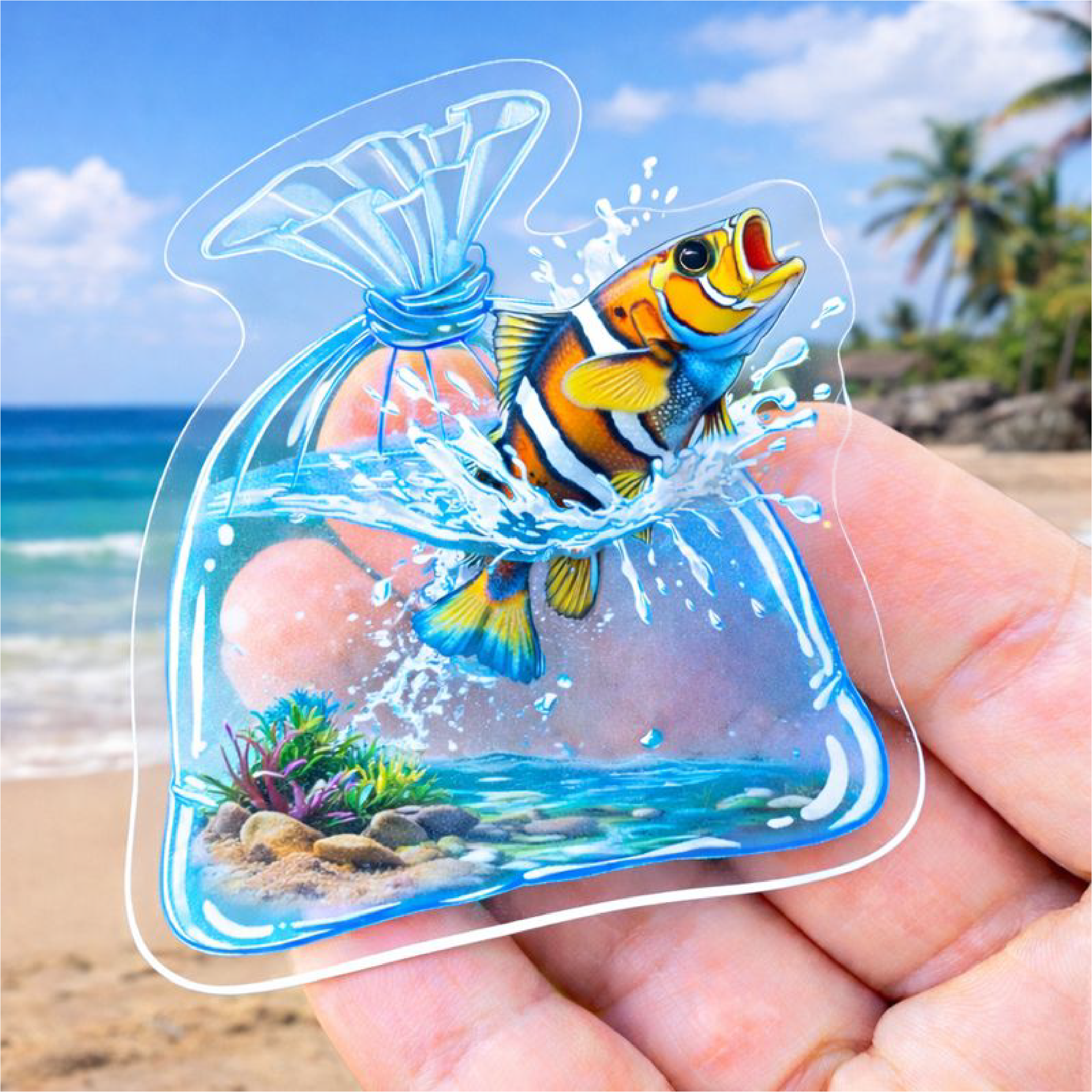 A hand holding a clear vinyl sticker shaped like a tied plastic bag filled with water. Inside the bag is a colorful tropical fish splashing upward as if jumping out, with blue water motion and bubbles. The background shows a sandy beach, ocean waves, palm trees, and a bright blue sky.