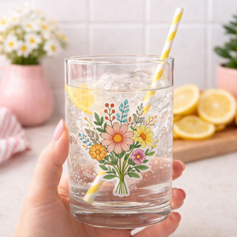 A hand holding a clear drinking glass filled with ice and a lemon slice, featuring a transparent floral sticker on the glass. The sticker shows a bouquet of illustrated flowers in pink, yellow, orange, and blue with green leaves. A yellow-and-white striped paper straw is in the glass, with a softly blurred kitchen background and lemons on a cutting board.