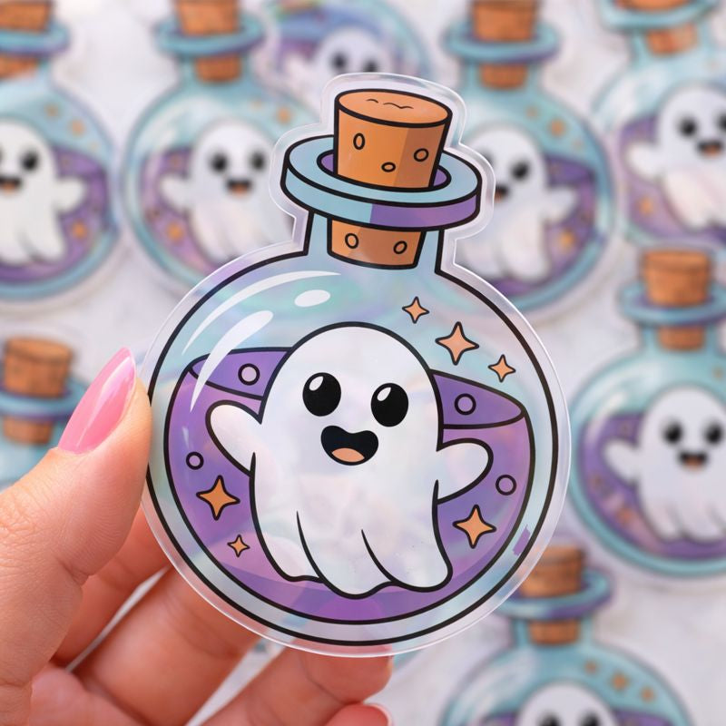A hand holding a clear vinyl sticker shaped like a glass potion bottle with a cork stopper. Inside the bottle is a smiling white cartoon ghost floating in purple liquid with small star accents. The background shows multiple identical ghost bottle stickers slightly out of focus.