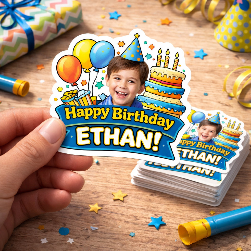 Hand holding a colorful custom birthday sticker featuring a smiling child with balloons, cake, and party hat, reading Happy Birthday Ethan. Stack of matching stickers on wooden table with confetti, wrapped gift, and party decorations creating a festive celebration scene