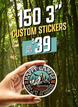 A hand holding a circular custom vinyl sticker with text and a mountain design, indicating a promotional offer for custom stickers. Text reads, 150 3