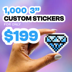 Promotional graphic advertising a bulk sticker offer. Text reads as 1,000 3-inch CUSTOM STICKERS, followed by FOR ONLY $199. Large blue and black text appears over a purple and pink gradient background. A hand holds a small pixel-style blue diamond sticker with white and black detailing, showcasing crisp die-cut edges, vibrant color, and high-volume custom vinyl sticker production.