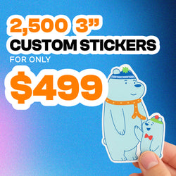 Promotional graphic advertising a bulk sticker offer. Text reads as 2,500 3-inch CUSTOM STICKERS followed by FOR ONLY $499. Bold white and orange text appears over a blue gradient background. A hand holds two illustrated polar bear stickers, one large and one small, featuring light blue bears wearing winter accessories, showcasing clean die-cut edges, playful design, and large-quantity custom sticker printing.