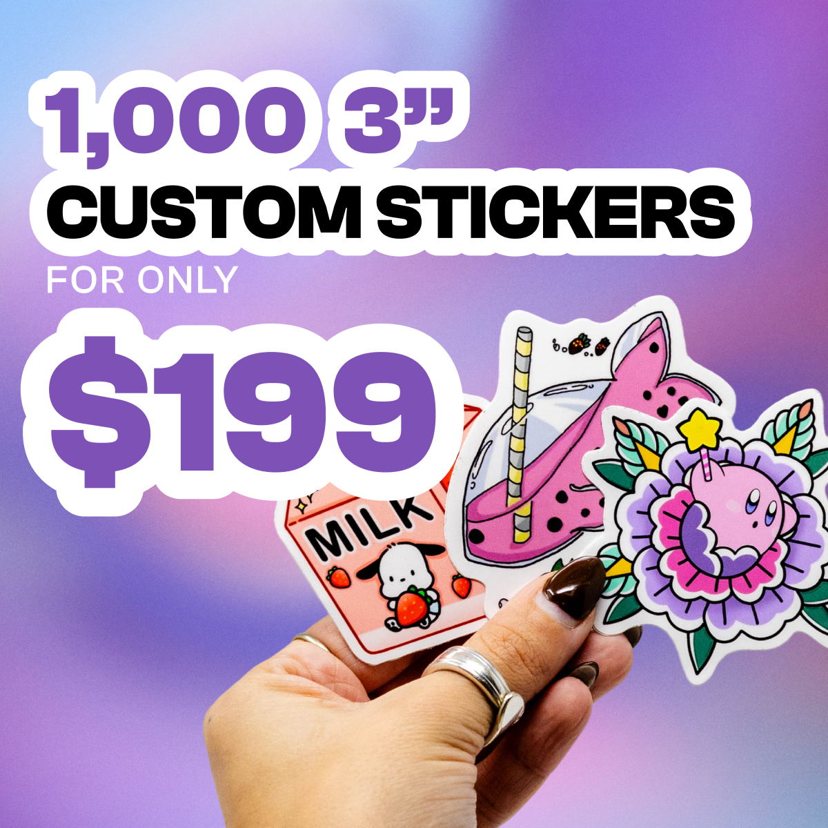 Promotional image of custom stickers with a hand holding three stickers against a purple gradient background.