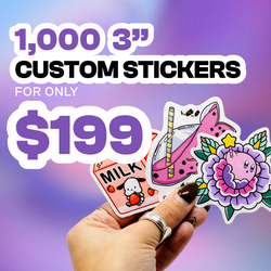 Promotional image of custom stickers with a hand holding three stickers against a purple gradient background.