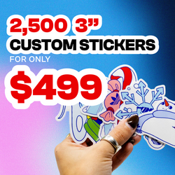 Promotional offer for 2500 custom stickers with a hand holding some stickers against a colorful background.