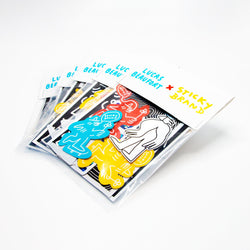 Lucas Beaufort x Sticky Brand sticker pack multi color red yellow blue black white sticker pack with wizard witch skaeboard illustration flower. Text reads. Lucas Beaufort x Sticky Brand. 