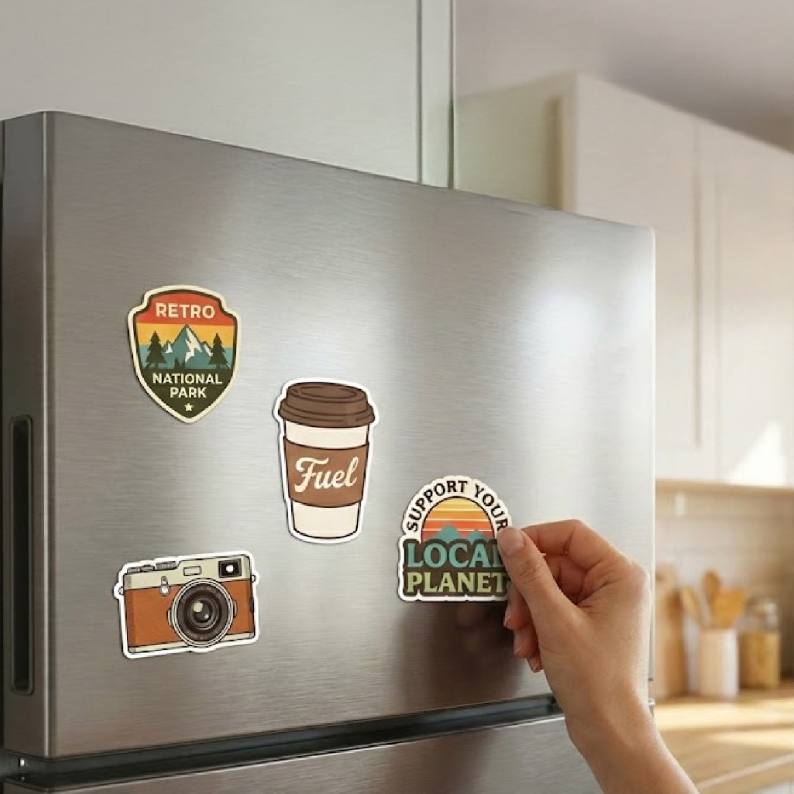 A hand places a custom die-cut magnet reading "Support Your Local Planet" onto a stainless steel refrigerator alongside magnets that read "Retro National Park," "Fuel," and a vintage camera design. The image demonstrates colorful custom refrigerator magnets for home décor, promotions, gifts, and reusable organization.
