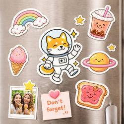 A stainless steel refrigerator decorated with colorful die-cut magnets including a smiling astronaut cat, rainbow, ice cream cone, bubble tea, smiling planet, toast, stars, a photo magnet, and a note reading 