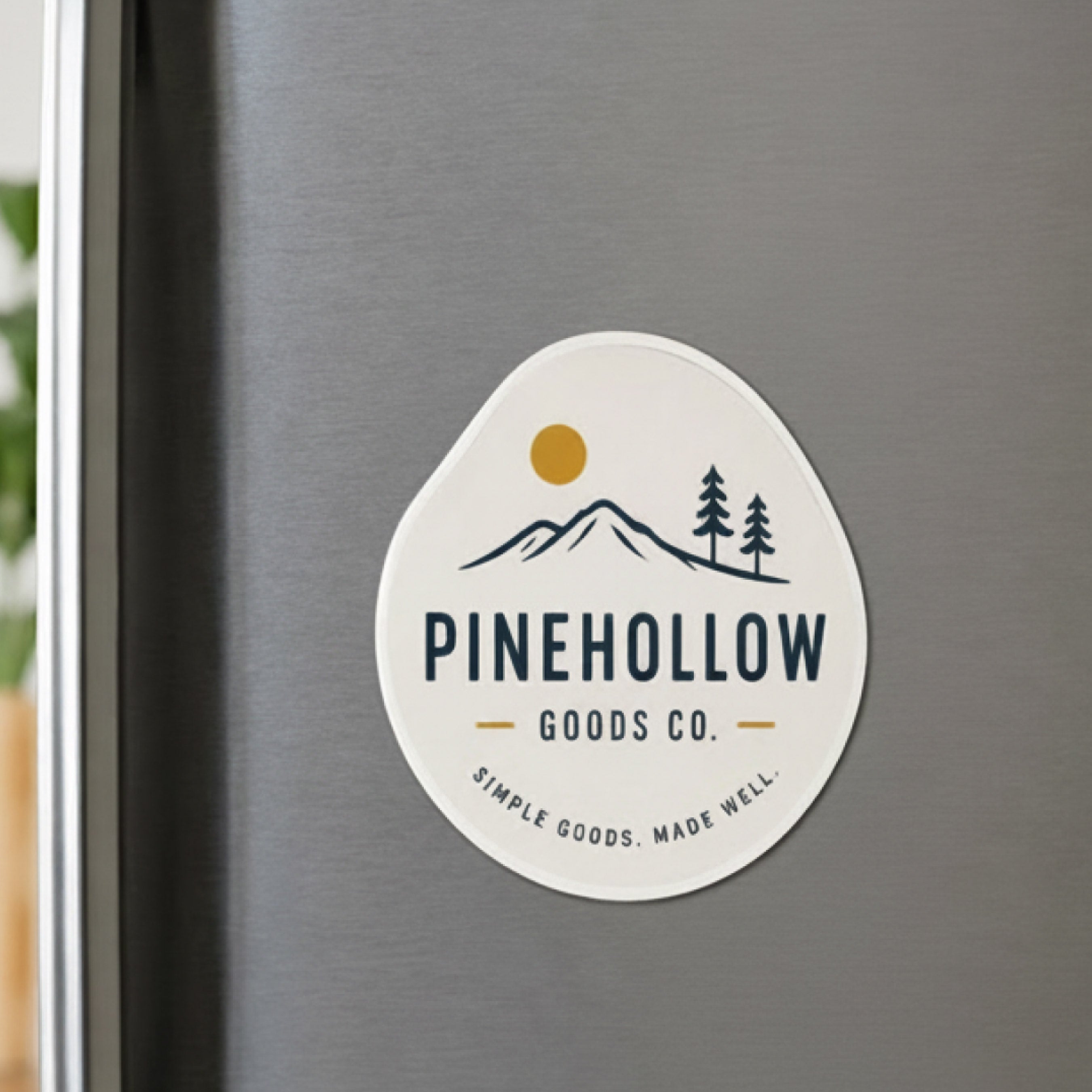 A rounded custom refrigerator magnet displays the logo and text "PINEHOLLOW GOODS CO." with the tagline "Simple Goods. Made Well." beneath a mountain and pine tree illustration. The image demonstrates premium branded magnets for retail businesses, makers, and promotional giveaways.