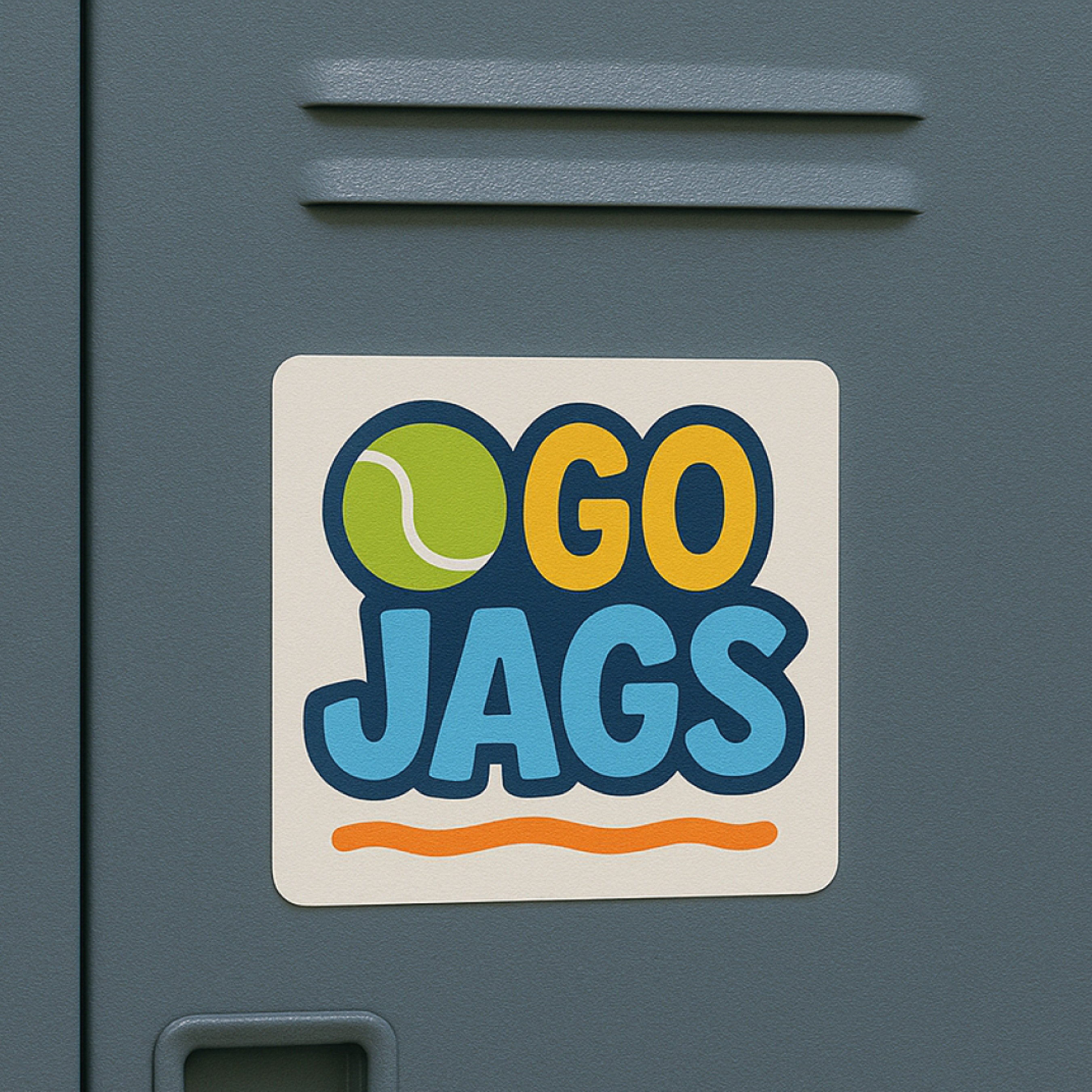 A square locker magnet displays the text "GO JAGS" with a tennis ball graphic integrated into the design. The colorful magnet demonstrates custom school spirit magnets for athletic teams, students, fundraising, and educational organizations.