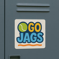A square locker magnet displays the text 