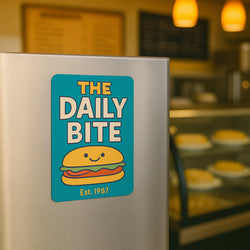 A rectangular café promotional magnet displays the text 