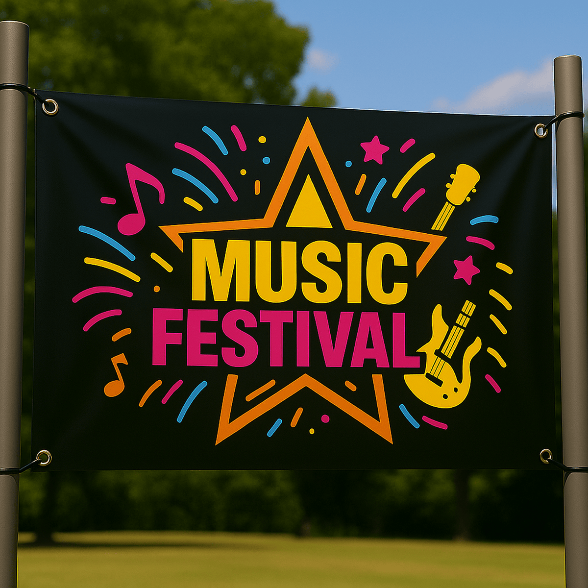 Music Festival Gloss Banner with Black Background, star, guitar and music notes with fireworks emotes in design cyan magenta 123c similar yellow and orange green grass and deciduous tall trees in summer blue sky