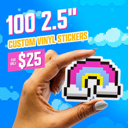 Text reads 100 2.5 inch custom vinyl stickers, for only 25 dollars. A hand holds a pixel art rainbow sticker in bright pink, purple, blue, and yellow with chunky 8-bit outlines, set against a sky-blue background with pixel clouds. Retro gaming aesthetic, custom waterproof die cut decal.