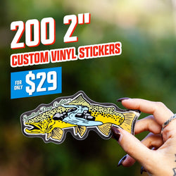 A person holding a custom vinyl sticker with a fish design, advertising a promotion for 200 such stickers. Text reads. 200 2