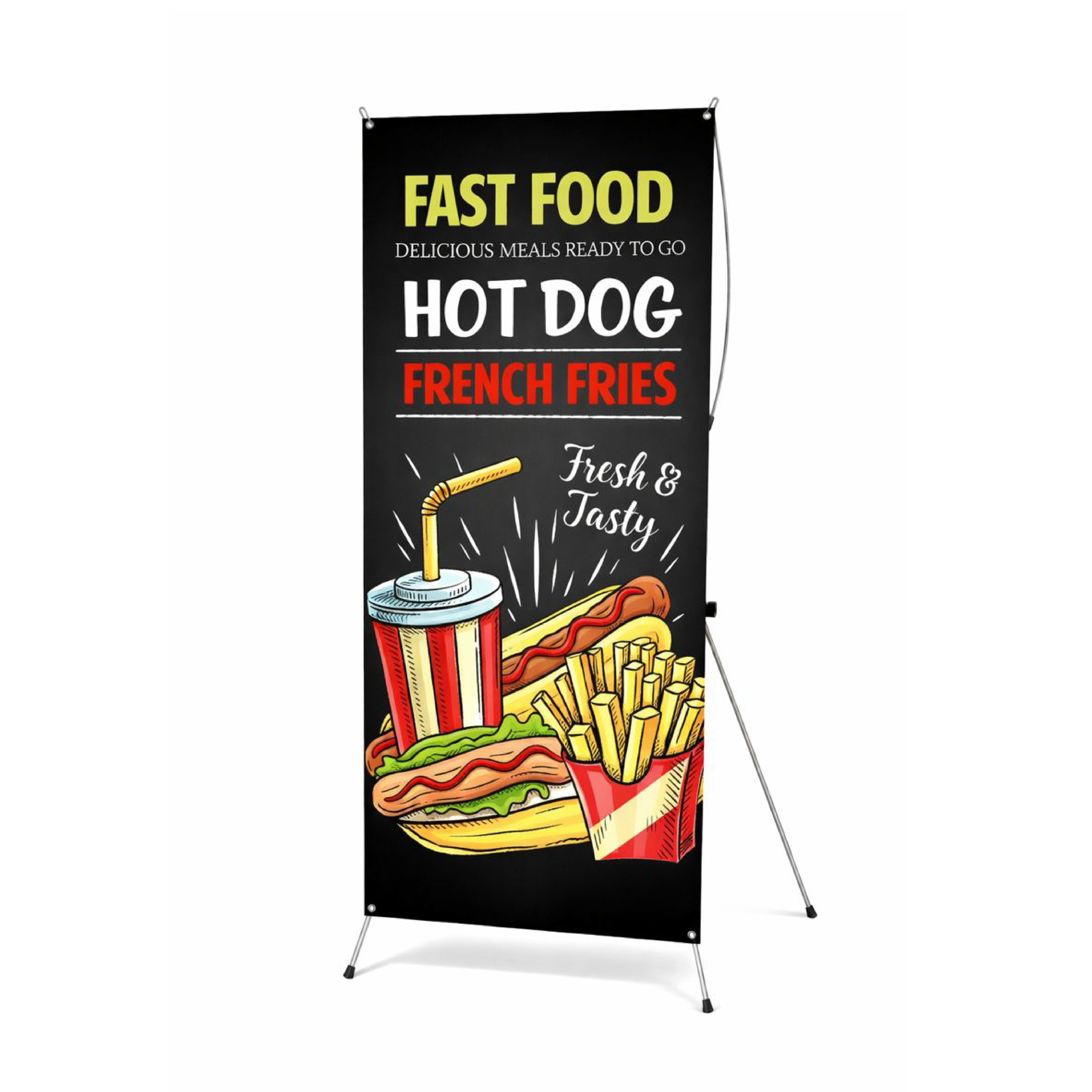 Vertical X-banner stand with black background featuring illustrated fast food items. Large text at top reads “FAST FOOD” with smaller text “Delicious meals ready to go.” Main headline says “HOT DOG” and “FRENCH FRIES” in bold lettering. Illustration shows a hot dog with mustard, a carton of French fries, and a striped soda cup with straw. Script text reads “Fresh & Tasty.” Banner is mounted on a silver X-style stand with black feet.