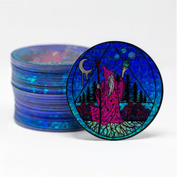 Prismatic Holographic wizard occult stickers moon planets bearded wizard with staff in red robe pine trees flower garden triangle night sky roots