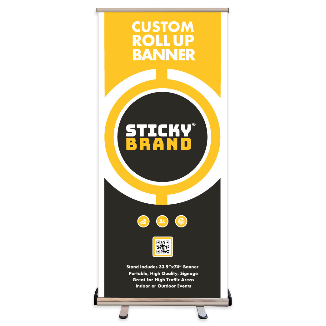 Custom roll-up banner with 'Sticky Brand' logo on a white background used to show an example of a banner attached to roll up banner stand. Text on banner readss Custom Roll Up Banner stand includes 33.5"x74" banner. Portable, High Quality, Signage Great for High Traffic Areas Indoor or Outdoor Events. product 