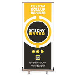 Custom roll-up banner with 'Sticky Brand' logo on a white background used to show an example of a banner attached to roll up banner stand. Text on banner readss Custom Roll Up Banner stand includes 33.5