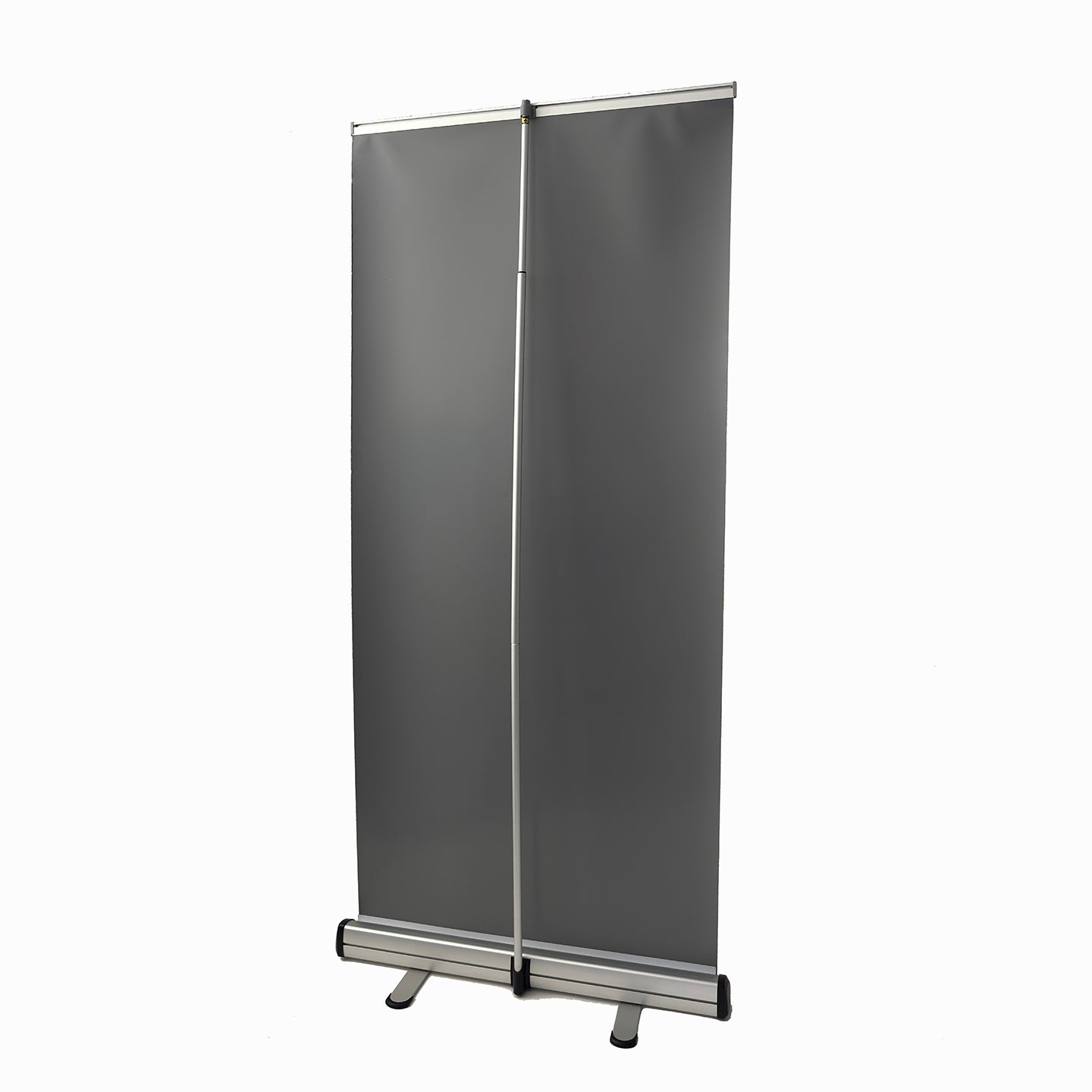 Retractable banner stand extended with banner shown in reverse on white background